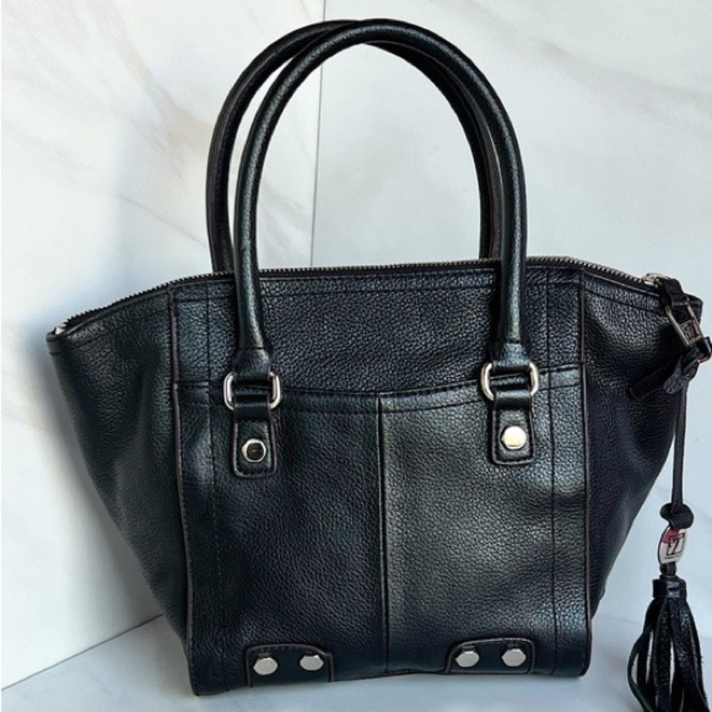Tignanello Black Pebble Grain Leather Silver Hardware TasselSatchel Tote Bag